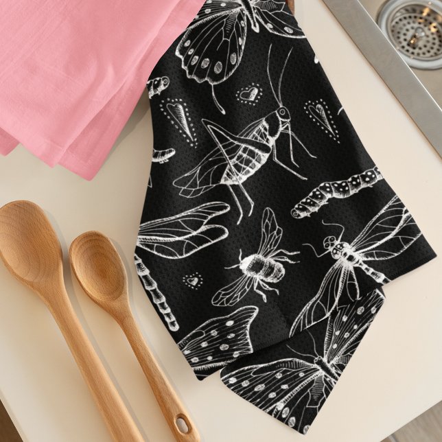 Linge De Cuisine Insectes Noires et Blancs Aimer Bogue (Black and White "Love Bug" Insects Kitchen Towel. Hand-drawn Butterflies, Bees, Dragonflies, & More!)