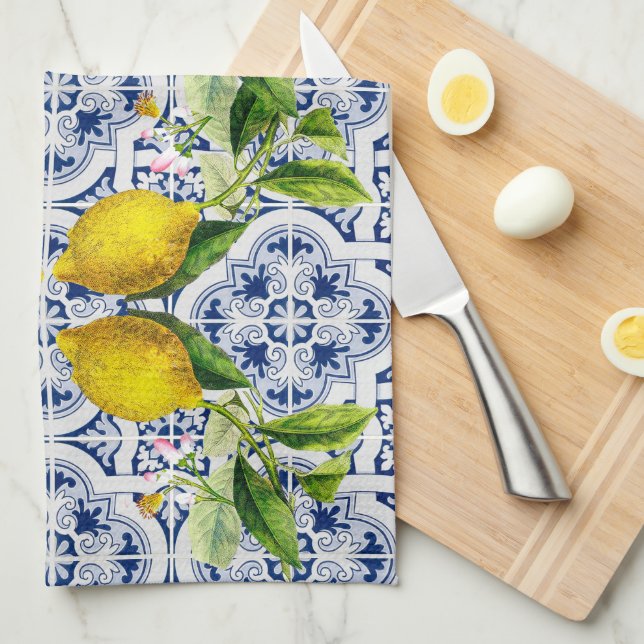 Linge De Cuisine Italien Amalfi bleu carreaux blancs citrons (Quart Plié)