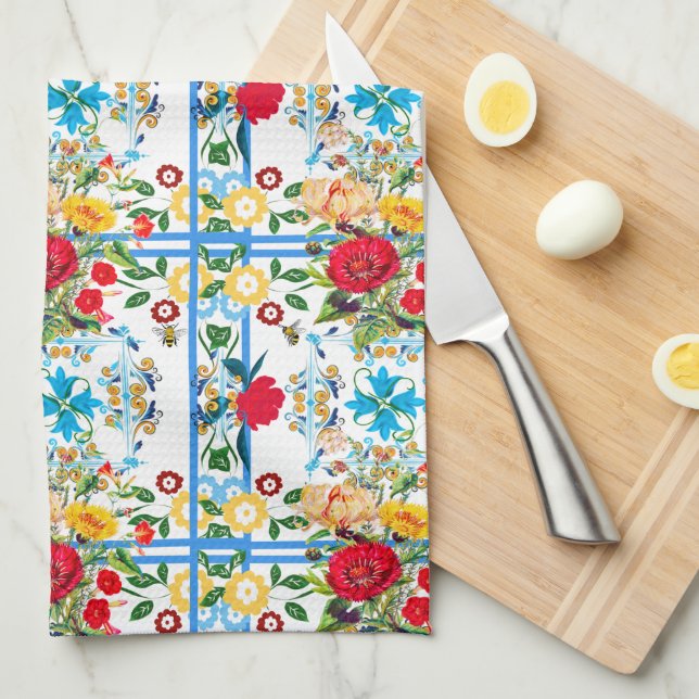Linge De Cuisine italien, sicilien, floral, majolica motif     (Quart Plié)