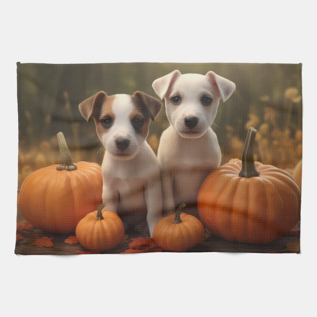 Linge De Cuisine Jack Russell Puppy Automne Citrouille de plaisir (Horizontal)