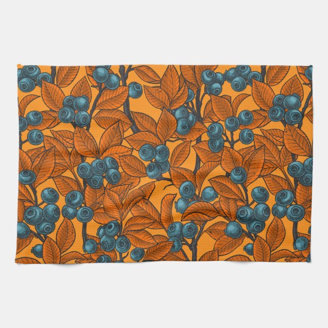 Linge De Cuisine Jardin aux bleuets, bleu et orange (Horizontal)