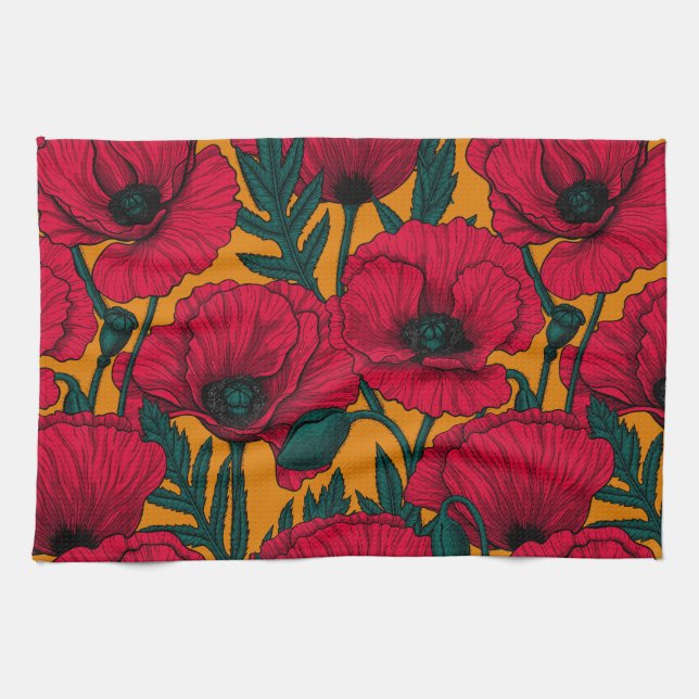 Linge De Cuisine Jardin aux coquelicots rouges (Horizontal)