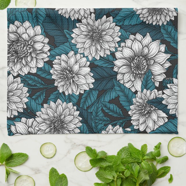 Linge De Cuisine Jardin blanc Dahlia / feuilles bleus (Plié)