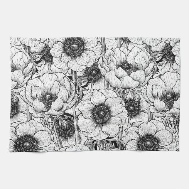 Linge De Cuisine Jardin d'anémones en noir et blanc (Horizontal)