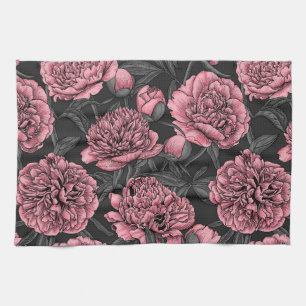 Linge De Cuisine Jardin de pivoine nocturne rose et gris
