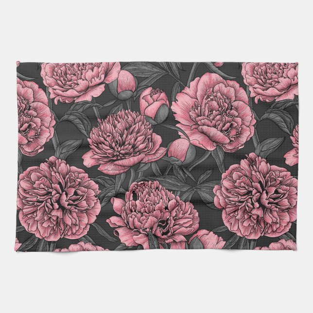 Linge De Cuisine Jardin de pivoine nocturne rose et gris (Horizontal)