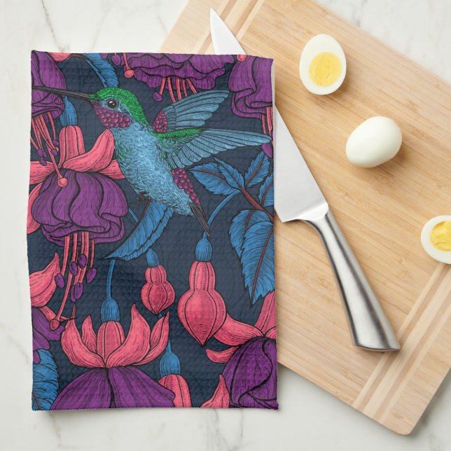 Linge De Cuisine Jardin des colibris en violet et bleu (Quart Plié)