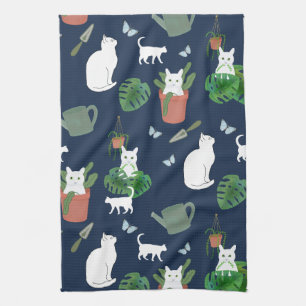 Linge De Cuisine Jardinage Chats Blanc Kitty Plantes Blue Tea Towne