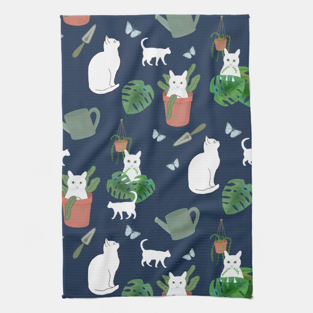 Linge De Cuisine Jardinage Chats Blanc Kitty Plantes Blue Tea Towne (Vertical)