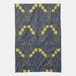 Linge De Cuisine Jaune Art Nouveau Jonquilles et Tiges Bleues