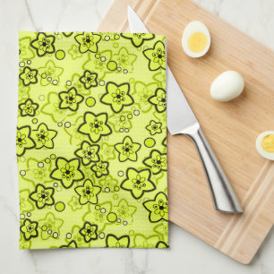 Linge De Cuisine Jaune avec motif floral néon brillant noir