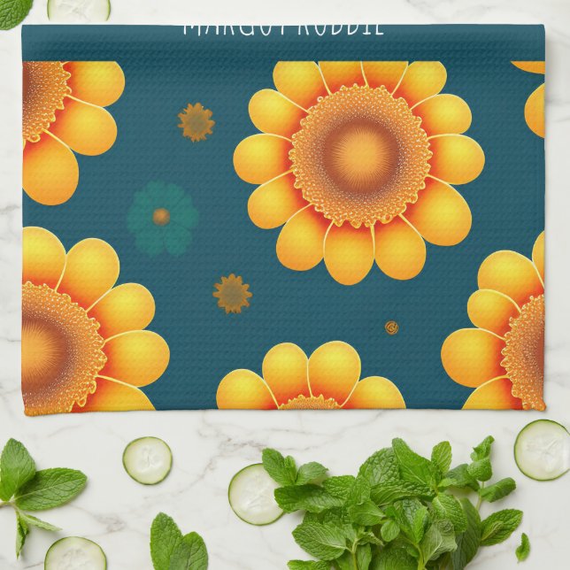 Linge De Cuisine Jaune Daisies Bleu Arrière - plan Motif botanique (Plié)