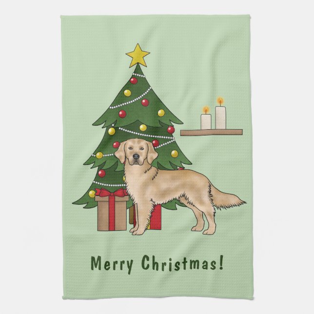 Linge De Cuisine Jaune Golden Retriever Chien avec arbre de Noël (Vertical)