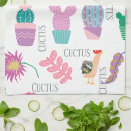 Linge De Cuisine Joli cactus aquarelle et cartoon texte Rose blanc
