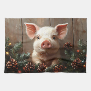 Linge De Cuisine Joli Cochon de Noël Peinture rustique
