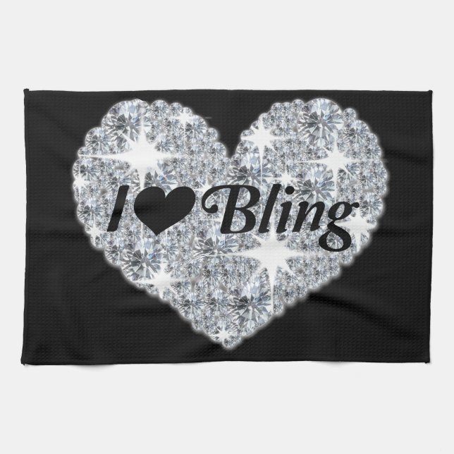 Linge De Cuisine Joli coeur en diamant d'argent J'aime bling (Horizontal)