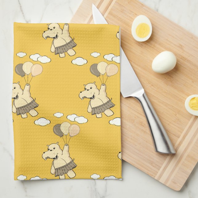 Linge De Cuisine Joli Dessin Hippo Volant Avec Ballons (Quart Plié)