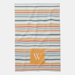 Linge De Cuisine Joli Dusky Orange Bleu Motif rayé Monogramme