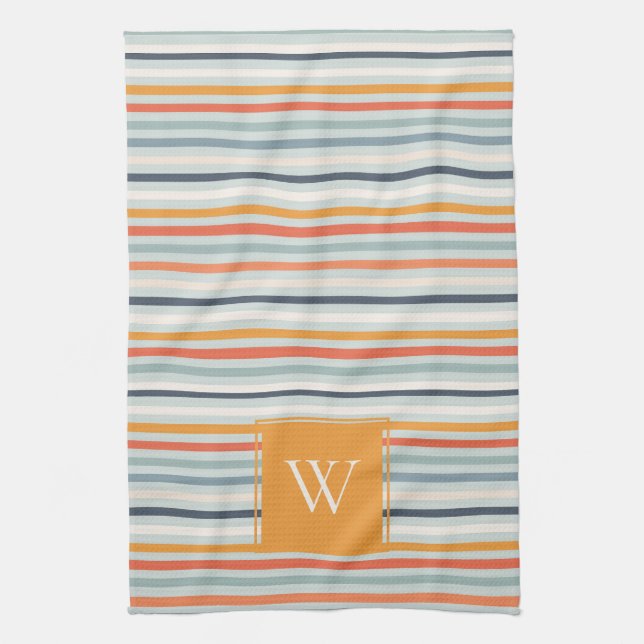 Linge De Cuisine Joli Dusky Orange Bleu Motif rayé Monogramme (Vertical)