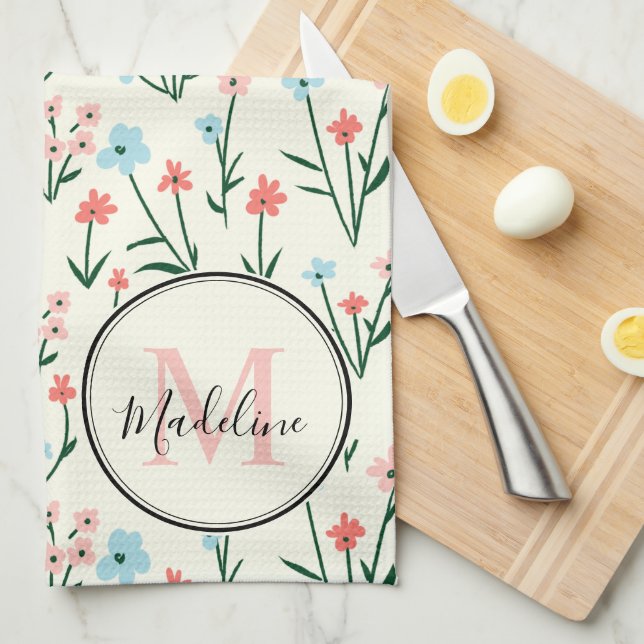 Linge De Cuisine Joli Fleur d'ivoire blanc Élégant Monogramme rose (Quart Plié)