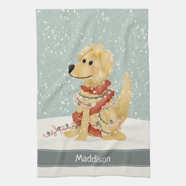 Linge De Cuisine Joli Golden Retriever Noël Famille Vacances (Vertical)