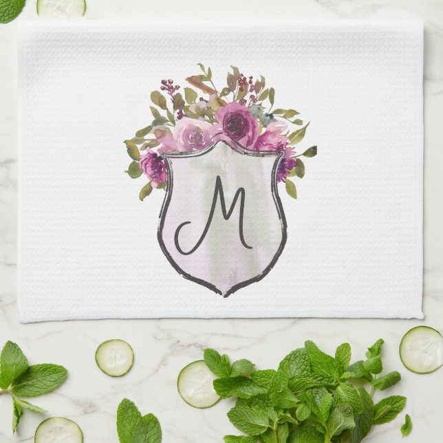 Linge De Cuisine Joli Monogramme floral de Bourgogne rose (Plié)