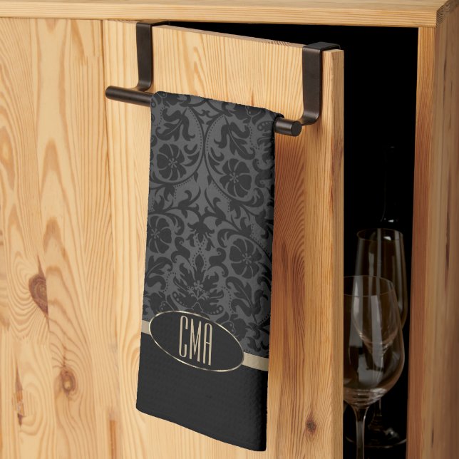 Linge De Cuisine Joli Monogramme métal or & floral Damask (Pliage en tiers)