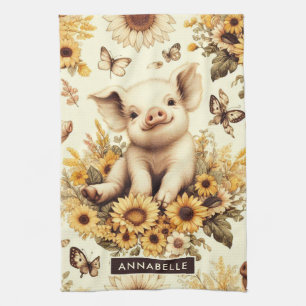 Linge De Cuisine Joli Motif de cochon de tournesol Vintage