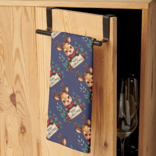 Linge De Cuisine Joli renne de Noël avec Holly et signe