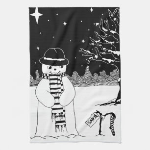 Linge De Cuisine Joli snowman design noir et blanc Noël