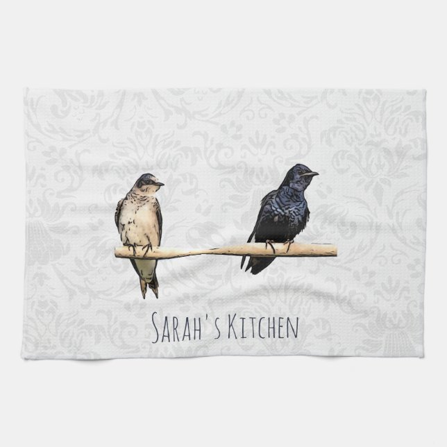 Linge De Cuisine Joli Violet Martin Nom personnalisé Bird Kitchen T (Horizontal)