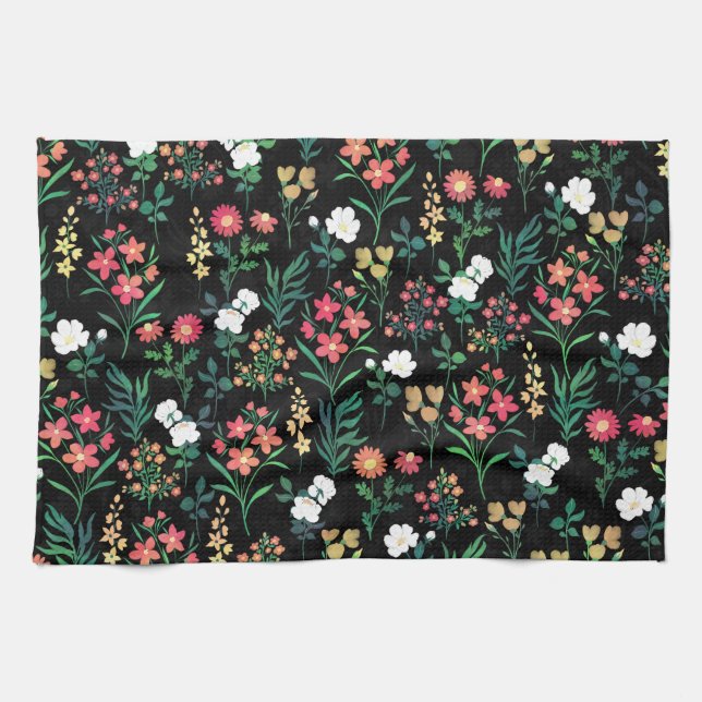 Linge De Cuisine Jolie aquarelle Floral Noir Botanique (Horizontal)
