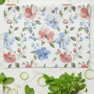 Linge De Cuisine Jolie Fête des Fleurs Rouges Bleues