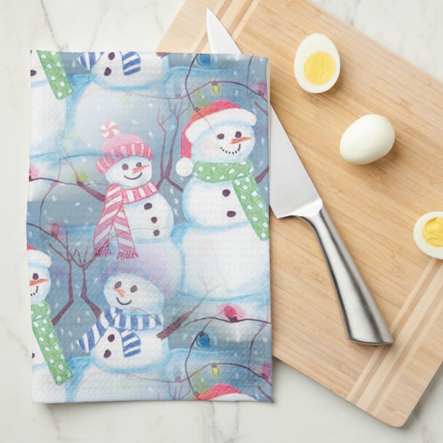 Linge De Cuisine Jolie saison hivernale Snowmen Aquarelle Art (Quart Plié)