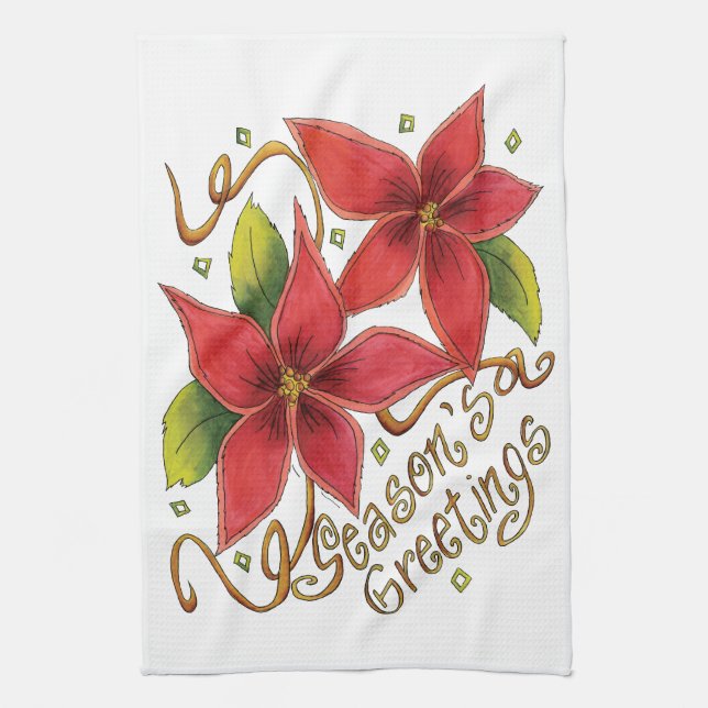 Linge De Cuisine Jolies Bonnes Fêtes de Noël avec Poinsettias (Vertical)