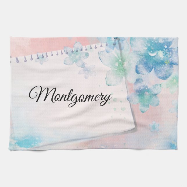 Linge De Cuisine Jolies fleurs bleues sur Arrière - plan rose (Horizontal)