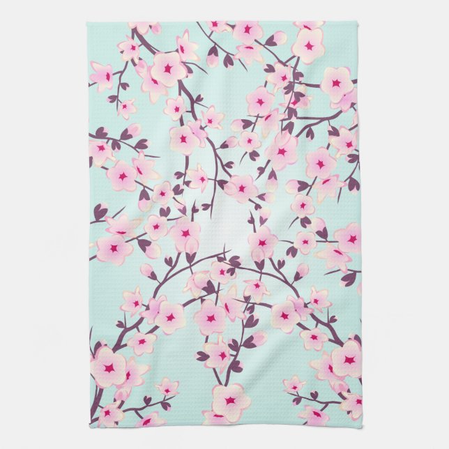Linge De Cuisine Jolies fleurs de cerisier rose Turquoise (Vertical)