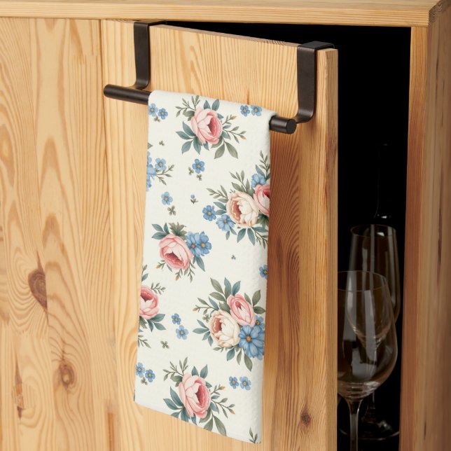 Linge De Cuisine Jolies fleurs roses et bleues (Pliage en tiers)