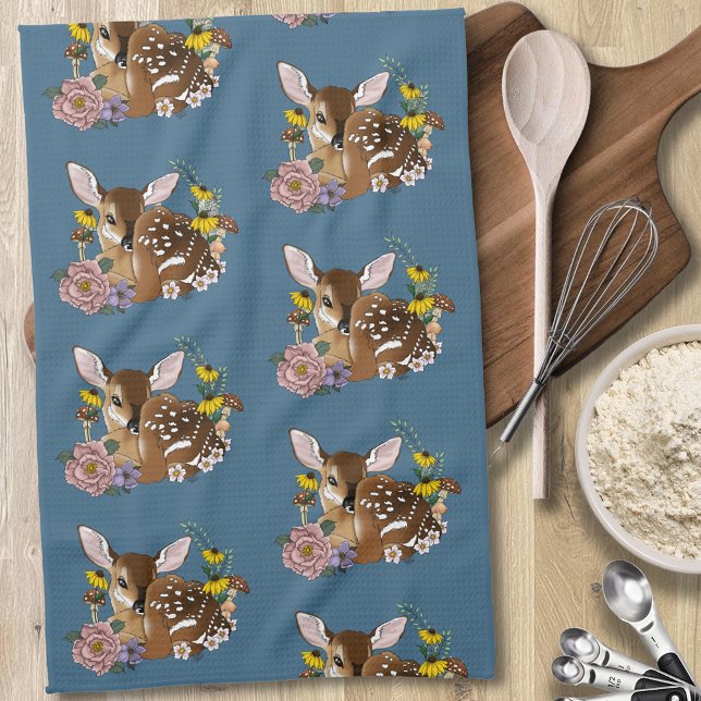 Linge De Cuisine Jolies Fleurs Sauvages Faon Bleu Bébé Cerf Forêt (Créateur téléchargé)