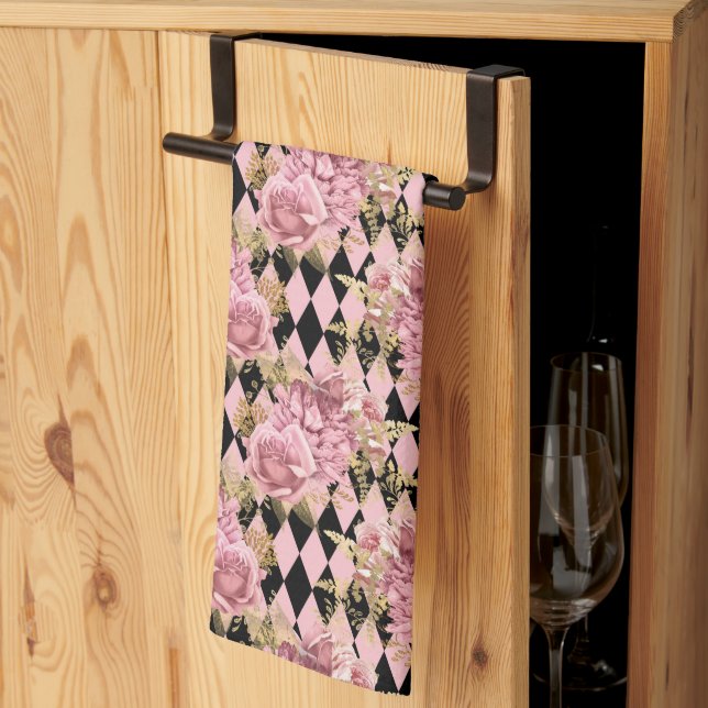 Linge De Cuisine Jolies roses roses sur Arlequin (Pliage en tiers)