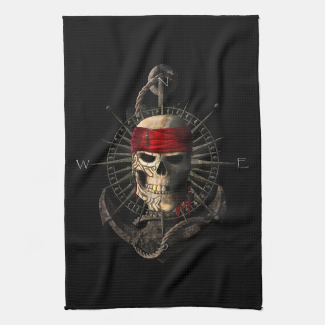 Linge De Cuisine Jolly Roger Pirate Skull Sailing Compass Anchor (Vertical)