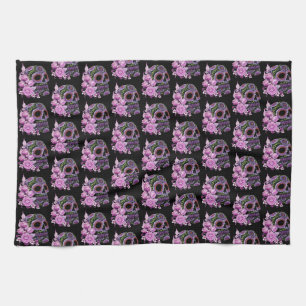 Linge De Cuisine Jour noir floral rose de crâne de sucre des morts