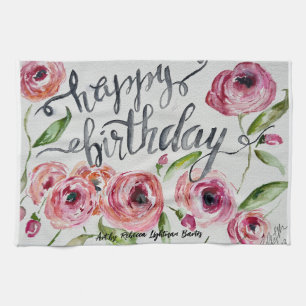 Linge De Cuisine Joyeuses fleurs d'aquarelle d'anniversaire