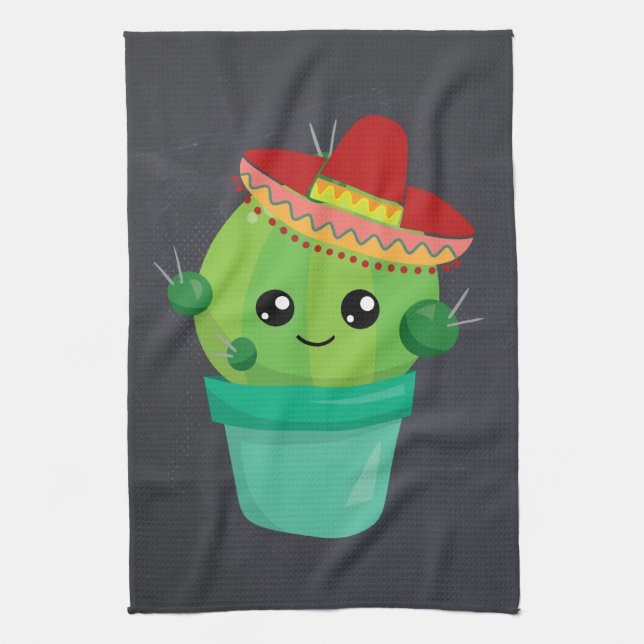 Linge De Cuisine Joyeux cactus ronds portant un Sombrero Rouge (Vertical)