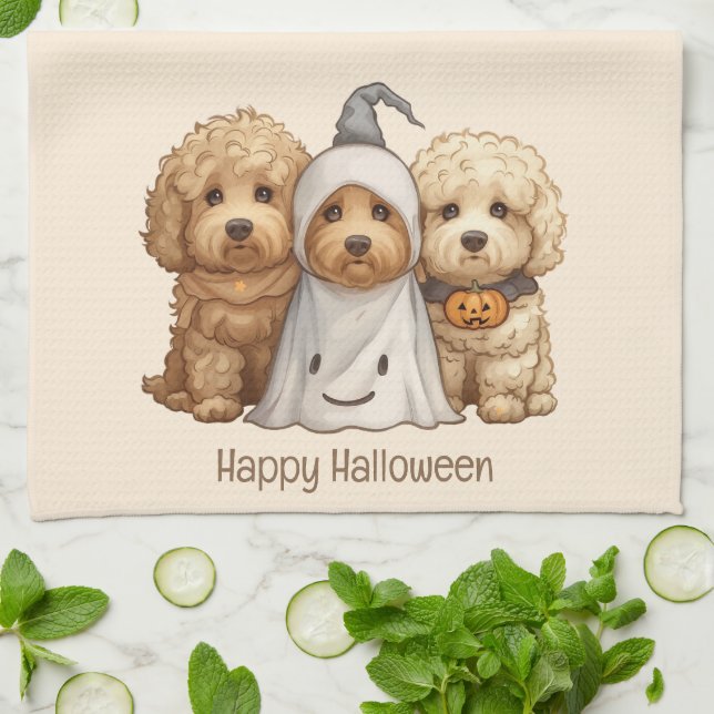Linge De Cuisine Joyeux chien d'Halloween Goldendoodle (Plié)