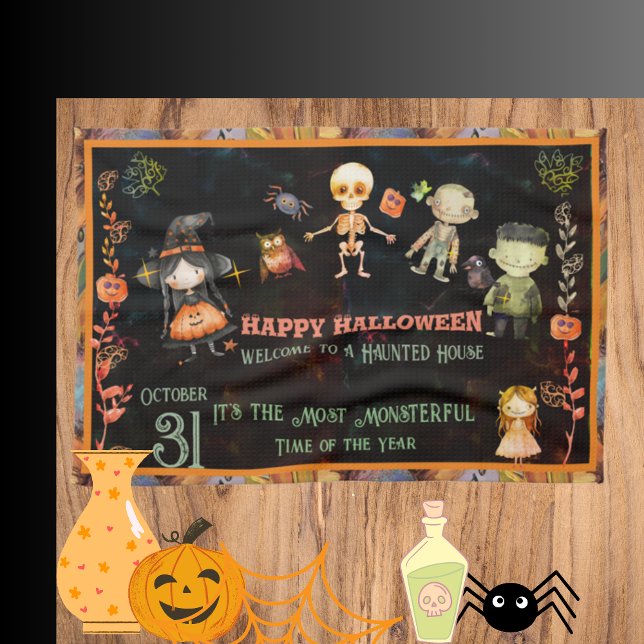 Linge De Cuisine Joyeux Halloween de mignons monstres orange (Happy Halloween Cute Monsters Orange Kitchen Towel)