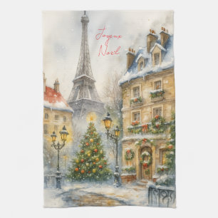 Linge De Cuisine Joyeux Noël à Paris aquarelle Tour Eiffel