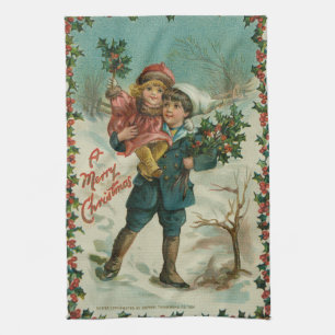 Linge De Cuisine Joyeux Noël - carte postale rétro, enfants, houx