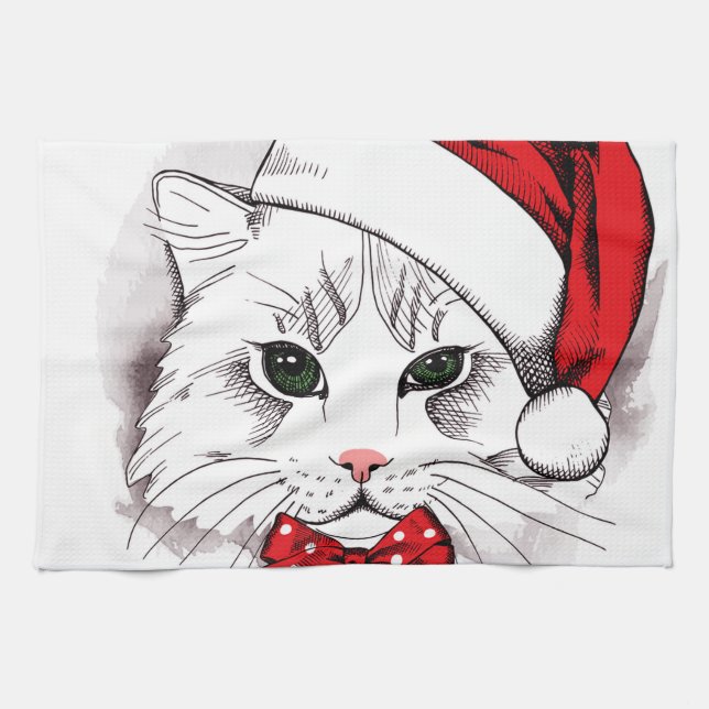 Linge De Cuisine Joyeux Noël de chat blanc mignon (Horizontal)