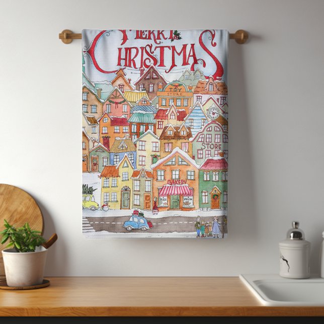 Linge De Cuisine Joyeux Noël drôle Whimsical mignonne ville d'hiver (Créateur téléchargé)